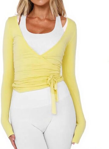 Women Wrap Tie Top Y2k Long Sleeve Ballet Workout Yoga Shirt Coquette Blouses in Kuwait