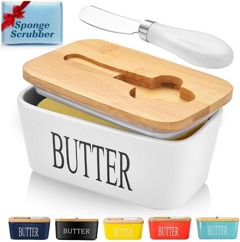 طبق زبدة مع غطاء، حاوية زبدة كبيرة للمنضدة، حامل زبدة سيراميك للمنضدة، حافظة زبدة صينية الزبدة مع سكين وإسفنجة، مثالية لعصي الزبدة، أبيض in Kuwait