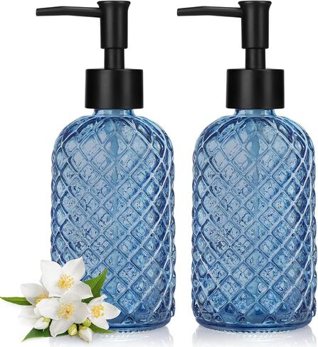 2 Pack Gem Glass Soap Dispenser with Black Plastic Pump, 13oz Liquid Hand Soap Dispenser, Rustproof Pump for Kitchen & Bathroom, Great for Lotions, Essential Oil, Liquid Soaps-Blue in Saudi Arabia