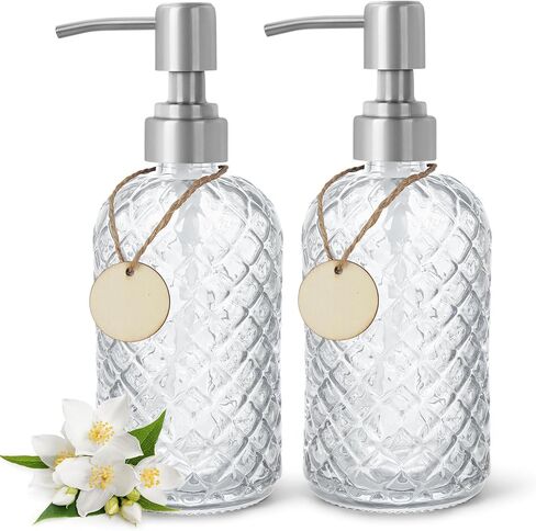 2 Pack Gem Glass Soap Dispenser with Black Plastic Pump, 13oz Liquid Hand Soap Dispenser, Rustproof Pump for Kitchen & Bathroom, Great for Lotions, Essential Oil, Liquid Soaps-Blue in Saudi Arabia