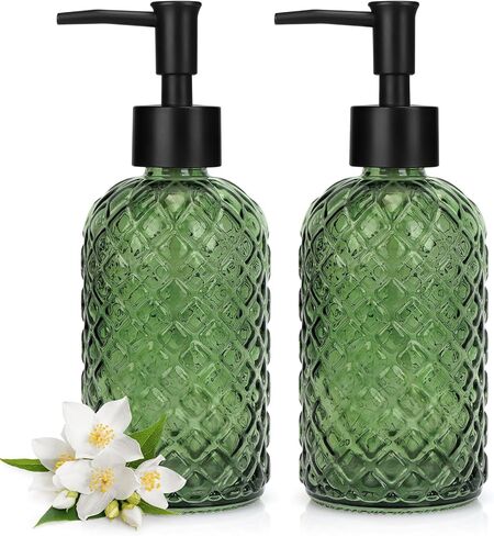 2 Pack Gem Glass Soap Dispenser with Black Plastic Pump, 13oz Liquid Hand Soap Dispenser, Rustproof Pump for Kitchen & Bathroom, Great for Lotions, Essential Oil, Liquid Soaps-Blue in Saudi Arabia