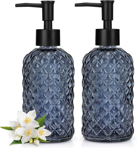 2 Pack Gem Glass Soap Dispenser with Black Plastic Pump, 13oz Liquid Hand Soap Dispenser, Rustproof Pump for Kitchen & Bathroom, Great for Lotions, Essential Oil, Liquid Soaps-Blue in Saudi Arabia