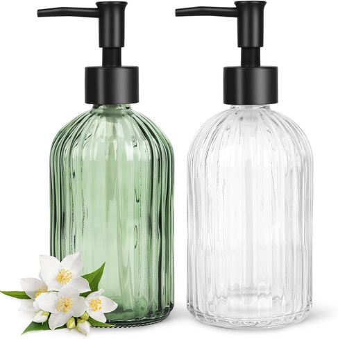 2 Pack Gem Glass Soap Dispenser with Black Plastic Pump, 13oz Liquid Hand Soap Dispenser, Rustproof Pump for Kitchen & Bathroom, Great for Lotions, Essential Oil, Liquid Soaps-Blue in Saudi Arabia