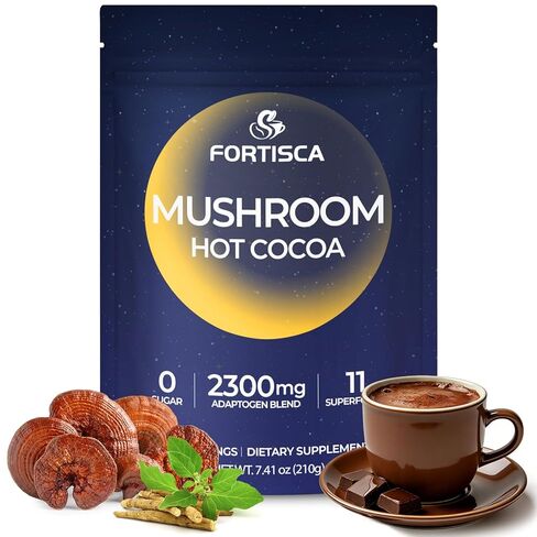 مسحوق الكاكاو الساخن بالفطر مع جليسينات المغنيسيوم، إل-ثيانين، ريشي، تريبتوفان، أشواغاندا إلخ، مكمل الشوكولاتة الساخنة للنوم من أجل الهدوء والاسترخاء والنوم ودعم الإجهاد، قهوة الفطر 7.41 أونصة in Kuwait