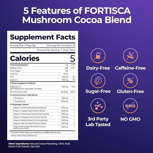 مسحوق الكاكاو الساخن بالفطر مع جليسينات المغنيسيوم، إل-ثيانين، ريشي، تريبتوفان، أشواغاندا إلخ، مكمل الشوكولاتة الساخنة للنوم من أجل الهدوء والاسترخاء والنوم ودعم الإجهاد، قهوة الفطر 7.41 أونصة in Kuwait