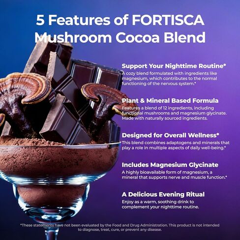 مسحوق الكاكاو الساخن بالفطر مع جليسينات المغنيسيوم، إل-ثيانين، ريشي، تريبتوفان، أشواغاندا إلخ، مكمل الشوكولاتة الساخنة للنوم من أجل الهدوء والاسترخاء والنوم ودعم الإجهاد، قهوة الفطر 7.41 أونصة in Kuwait