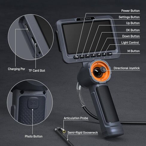 Teslong Dual Lens 360 Articulating Borescope with Light, 5'' Monitor Industrial Inspection Camera with 4-Way Joystick Articulation, HD Endoscope Camera for Automotive and Mechanics (0.24inch-5FT) in Saudi Arabia