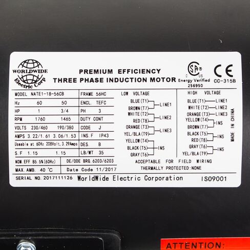 1 HP 3 Phase 56C Frame Electric Motor 1800 RPM TEFC 208-230/460V C-Face Worldwide Electric NATE1-18-56CB in Saudi Arabia
