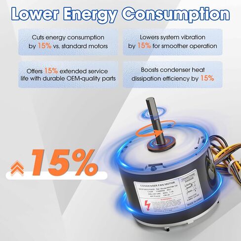 5KCP39DGY543S Condenser Fan Motor 1/5 HP, 208-230V, 1100RPM, Compatible with GE Genteq, Replaces 1186447 HB38GQ230 5KCP39EGUA11BS HC37GE219 HC37GE219A (Includes Capacitor) in Kuwait