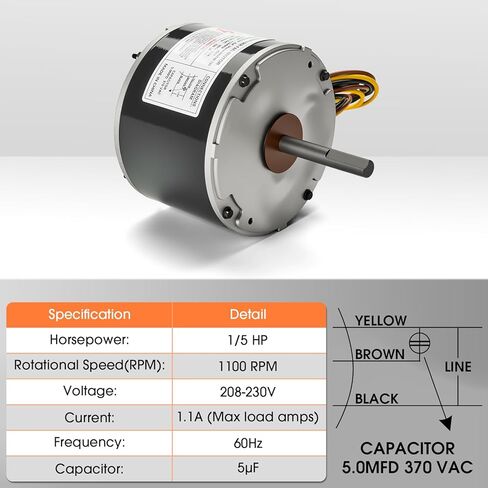 5KCP39DGY543S Condenser Fan Motor 1/5 HP, 208-230V, 1100RPM, Compatible with GE Genteq, Replaces 1186447 HB38GQ230 5KCP39EGUA11BS HC37GE219 HC37GE219A (Includes Capacitor) in Kuwait