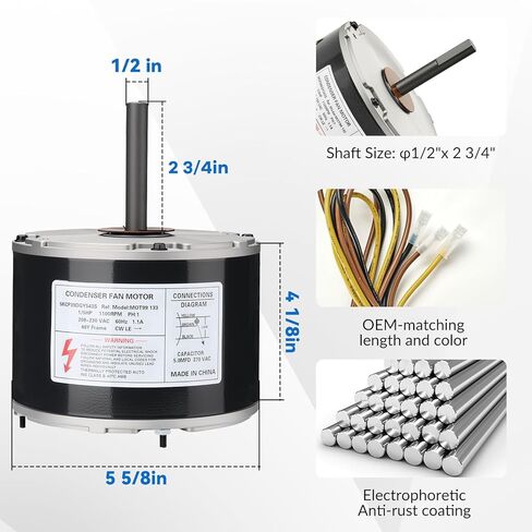5KCP39DGY543S Condenser Fan Motor 1/5 HP, 208-230V, 1100RPM, Compatible with GE Genteq, Replaces 1186447 HB38GQ230 5KCP39EGUA11BS HC37GE219 HC37GE219A (Includes Capacitor) in Kuwait