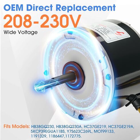 5KCP39DGY543S Condenser Fan Motor 1/5 HP, 208-230V, 1100RPM, Compatible with GE Genteq, Replaces 1186447 HB38GQ230 5KCP39EGUA11BS HC37GE219 HC37GE219A (Includes Capacitor) in Kuwait