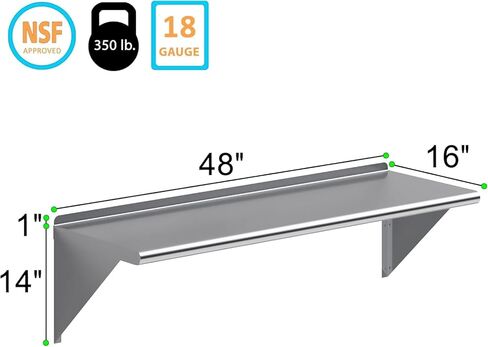 رف تثبيت على الحائط من الفولاذ المقاوم للصدأ شديد التحمل من KPS - 16 بوصة × 48 بوصة | معتمد من NSF | رف حائط تجاري للمطبخ، المرآب، غرفة المرافق in Kuwait