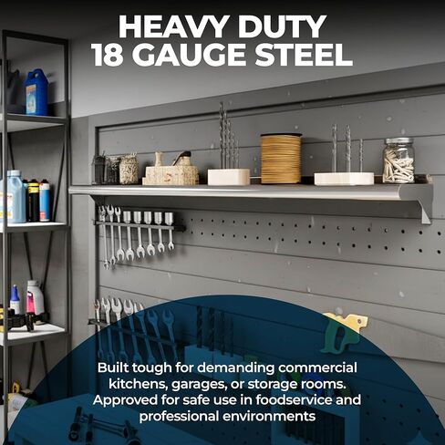 رف تثبيت على الحائط من الفولاذ المقاوم للصدأ شديد التحمل من KPS - 16 بوصة × 48 بوصة | معتمد من NSF | رف حائط تجاري للمطبخ، المرآب، غرفة المرافق in Kuwait