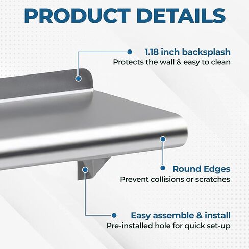 رف تثبيت على الحائط من الفولاذ المقاوم للصدأ شديد التحمل من KPS - 16 بوصة × 48 بوصة | معتمد من NSF | رف حائط تجاري للمطبخ، المرآب، غرفة المرافق in Kuwait