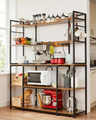 رف خبازات المطبخ من IDEALHOUSE مع منافذ طاقة، حامل ميكروويف 5 طبقات مع 2 منافذ تيار متردد، منافذ USB ونوع C، محطة بار القهوة مع 6 خطافات على شكل حرف S وسلة، 35.43 × 15.75 × 60 لون بني ريفي in Kuwait