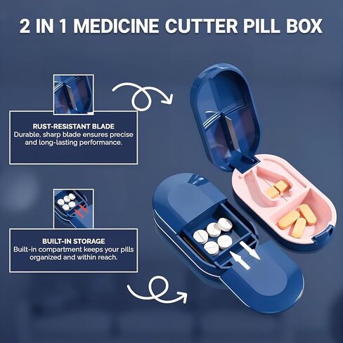 Stainless Steel Pill Cutting & Storage Box, Portable Pill Case with Sharp Blades, Suitable for Splitting Large, Small and Oval Pills in Saudi Arabia