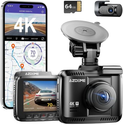 AZDOME WiFi 4K Dash Cam Front and Rear, 4K+1080P Dual Dash Camera for Car, Free 64GB Card, Motion Detection 24H Parking Mode Dashboard Camera Built-in GPS WDR Night Vision, GS63H Pro in Kuwait