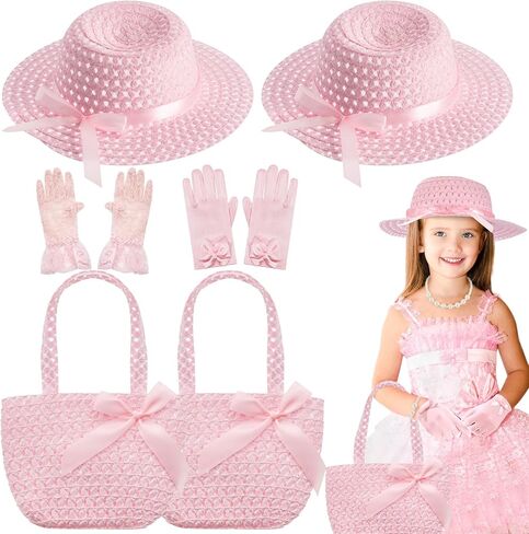 Zhanmai 6 Pcs Girls Tea Party Hats Accessories Set Kids Tea Party Bonnets Hats and Gloves Purses for Girls Dress up Favors in Kuwait
