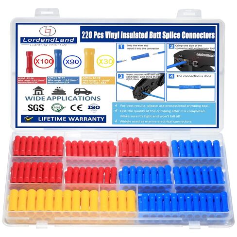 90 Pcs Butt Splice Connectors Kit 22-10 AWG Electrical Crimp Terminal Connector Kits Assorted Butt Splice Crimp Connectors Wiring Straight Crimps Terminals for 22,20,18,16,14,12,10 Gauge Wires in Kuwait