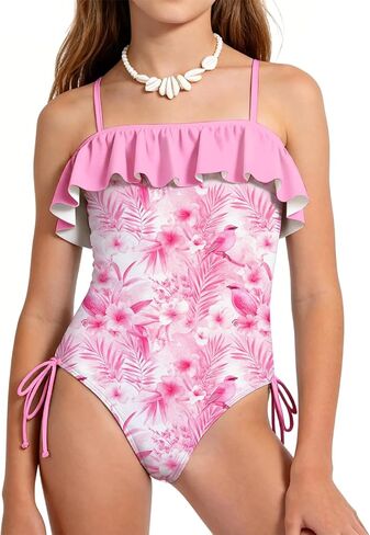 Girl One Piece Swimsuit Ruffle Print Bathing Suit Adjustable Strap Girls' Swimwear 7-16 Years in Kuwait