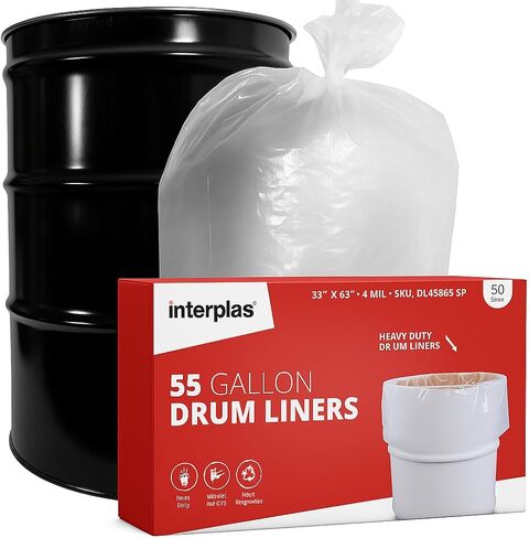 بطانات الأسطوانة Interplas سعة 55 جالونًا - متينة للغاية 4 مل LDPE - 38 بوصة × 65 بوصة 150 بطانة - حماية شديدة التحمل للتخزين الصناعي والسائب. in Kuwait