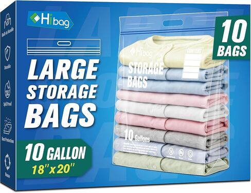 10 Gallon Zipper Storage Bags, 18" x 20" Clear Plastic Bags with Handle, Extra Large XL Zip Bags for Clothes, Pack of 5 in Kuwait