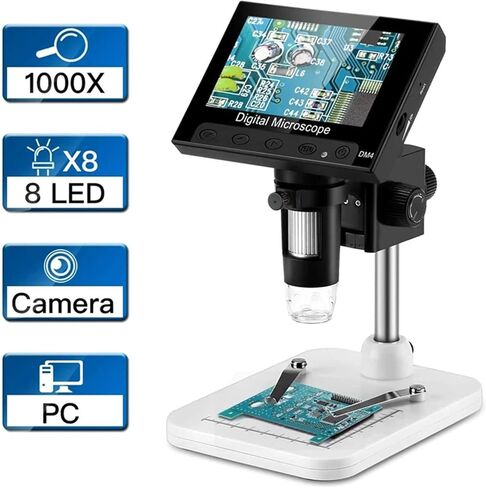 4.3 Inch LCD Display USB Digital Electronic Microscope Endoscope Record 1000X 2 Megapixels with 8 LED Stand for Repair Solder (Aluminum bracket) in Saudi Arabia