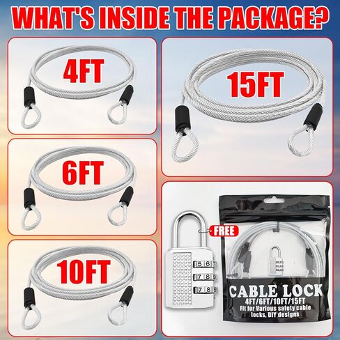 4FT/6FT/10FT/15FT Cable Locks with Combination 1/8 inch Security Cable with Loops for Fence Luggage Gym Locker Cabinet in Kuwait