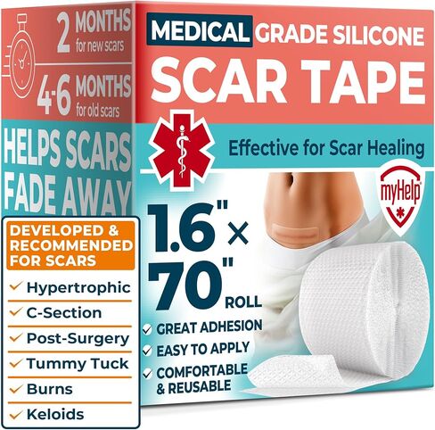 شريط ندبات من السيليكون الطبي - 1.6 بوصة × 70 بوصة - إزالة فعالة للندبات الجراحية، والجُدرات، والقسم القيصري، وشد البطن، والندبات الضخامية وحب الشباب - علاج سهل الاستخدام - أوراق ندبات السيليكون القابلة لإعادة الاستخدام in Kuwait