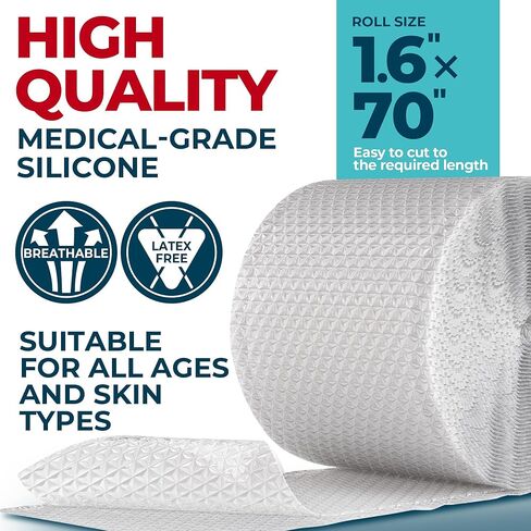 شريط ندبات من السيليكون الطبي - 1.6 بوصة × 70 بوصة - إزالة فعالة للندبات الجراحية، والجُدرات، والقسم القيصري، وشد البطن، والندبات الضخامية وحب الشباب - علاج سهل الاستخدام - أوراق ندبات السيليكون القابلة لإعادة الاستخدام in Kuwait