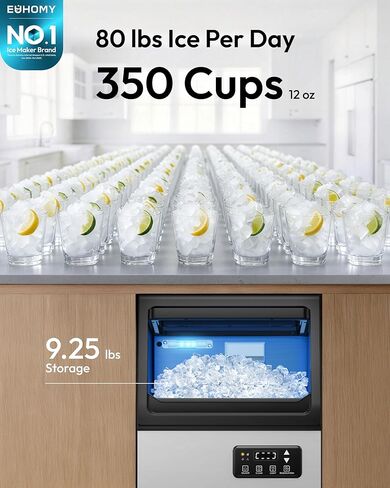 EUHOMY Commercial Nugget Ice Maker Machine, 80lbs/24H, Stainless Steel Under Counter Pebble Ice Maker with Water Filter, 9.25lbs Storage Bin, Soft Sonic Ice Machine for Home/Bar/Cafe/Restaurant in Kuwait