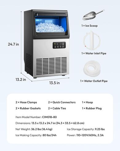 EUHOMY Commercial Nugget Ice Maker Machine, 80lbs/24H, Stainless Steel Under Counter Pebble Ice Maker with Water Filter, 9.25lbs Storage Bin, Soft Sonic Ice Machine for Home/Bar/Cafe/Restaurant in Kuwait
