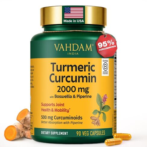 VAHDAM, Turmeric Curcumin Supplement 2000mg (500mg Curcuminoids) with Boswellia & Piperine for Fast Absorption | Supports Joint Health and Mobility | 90 Capsules in Kuwait