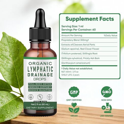 قطرات التصريف اللمفاوي، قطرات سائلة لدعم الجهاز اللمفاوي، مع مكونات عشبية، تقلل الانتفاخ، تزيل سموم الجسم بالكامل وتنظفه، تعزز الدورة الدموية، نباتية، غير معدلة وراثيًا (60 مل) (1) in Saudi Arabia