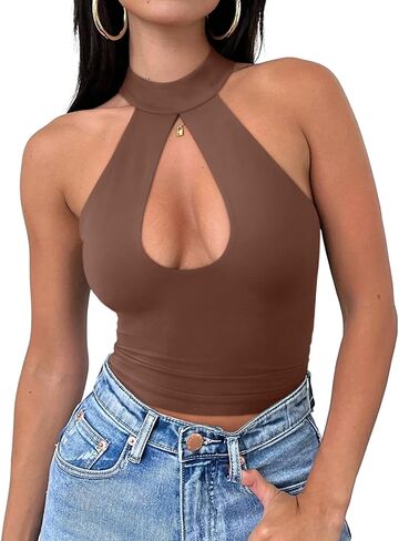 Reoria Women's Sexy Criss Cross Halter Neck Crops Tops العصرية بلا أكمام Y2K Nightout Clubwear Out Out Tops in Kuwait