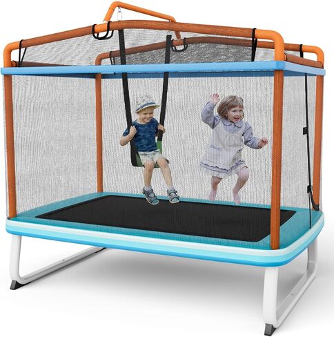 Giantex 6Ft Rectangle Trampoline with Swing, ASTM Approved Mini Kids Trampoline with Net, Horizontal Bar, L-Shaped 2 Way Zippers, Indoor Outdoor Small Recreational Trampoline for Toddler Age 3+ in Saudi Arabia