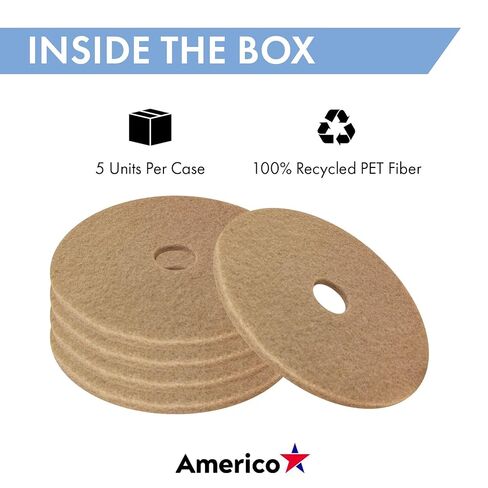 Americo Tan Buffing Floor Pad, Light Duty Cleaning and Buffing, 20" Diameter, 5 Pads/Case, Made in USA in Kuwait