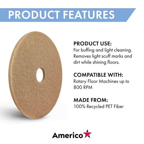 Americo Tan Buffing Floor Pad, Light Duty Cleaning and Buffing, 20" Diameter, 5 Pads/Case, Made in USA in Kuwait