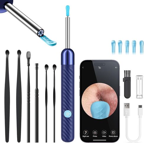 Ear Wax Removal Tool Camera - Ear Cleaner with Camera,1080P Otoscope, Ear Cleaning Tool with 6 Ear Spoon, Ear Camera for iPhone & Android Phones - Blue in Kuwait