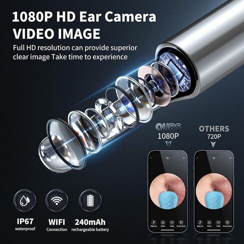 Ear Wax Removal Tool Camera - Ear Cleaner with Camera,1080P Otoscope, Ear Cleaning Tool with 6 Ear Spoon, Ear Camera for iPhone & Android Phones - Blue in Kuwait