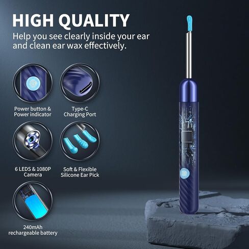 Ear Wax Removal Tool Camera - Ear Cleaner with Camera,1080P Otoscope, Ear Cleaning Tool with 6 Ear Spoon, Ear Camera for iPhone & Android Phones - Blue in Kuwait