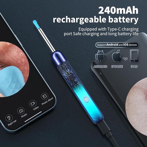 Ear Wax Removal Tool Camera - Ear Cleaner with Camera,1080P Otoscope, Ear Cleaning Tool with 6 Ear Spoon, Ear Camera for iPhone & Android Phones - Blue in Kuwait