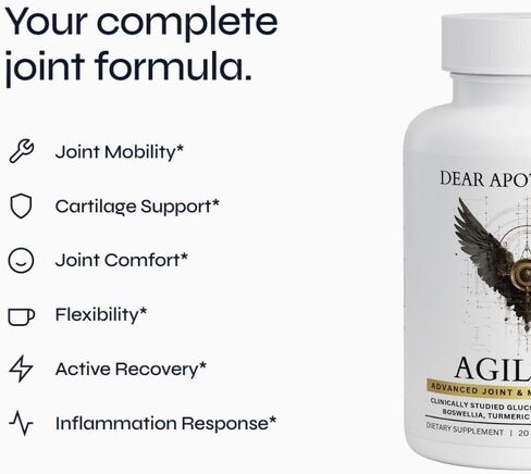 مكمل Agility+ Glucosamine Chondroitin - 1500 ملغ من الجلوكوزامين، Boswellia، الكركم، MSM - دعم المفاصل للرجال والنساء - خالي من الغلوتين غير المعدل وراثيًا - 60 كبسولة in Kuwait