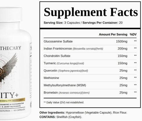 مكمل Agility+ Glucosamine Chondroitin - 1500 ملغ من الجلوكوزامين، Boswellia، الكركم، MSM - دعم المفاصل للرجال والنساء - خالي من الغلوتين غير المعدل وراثيًا - 60 كبسولة in Kuwait