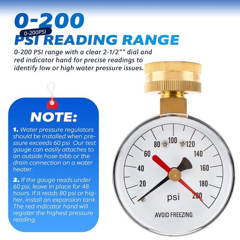 Water Pressure Test Gauge, 0-200 PSI 2-1/2" Dial 3/4" HT Hose Connection Water Pressure Gauge for Home Faucet, Garden Hose Bib, Heater Drain Connection in Saudi Arabia