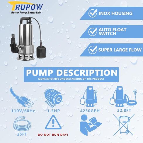 1.5HP 110v Submersible Sewage Drain Flood Stainless Steel Clean/Dirty Water Sump Transfer Pond Garden Pump in Kuwait