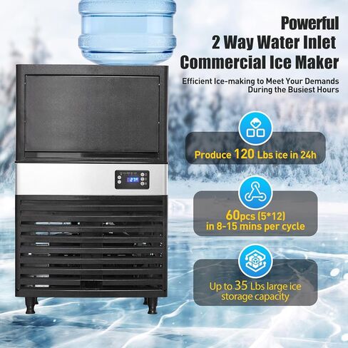Commercial Ice Maker Machine, 120LBS/24H 35LBS Storage Freestanding Dual Water Inlet, Tap & Top Loading 3-5 Gallon with Blue Light Ice Cube Maker for Restaurant Home Bar Coffee Shop in Kuwait