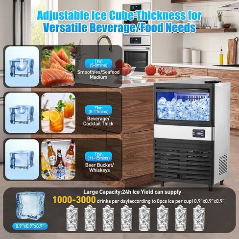 Commercial Ice Maker Machine, 120LBS/24H 35LBS Storage Freestanding Dual Water Inlet, Tap & Top Loading 3-5 Gallon with Blue Light Ice Cube Maker for Restaurant Home Bar Coffee Shop in Kuwait