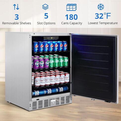 Garvee Beverage Fridge 24 Inch, Stainless Steel Under Counter Beverage Refrigerator 180 Capacity Freestanding Beer Drink Soda Cooler Fridges for Indoor Kitchen, Apart, Office, Home, Supermarket in Kuwait